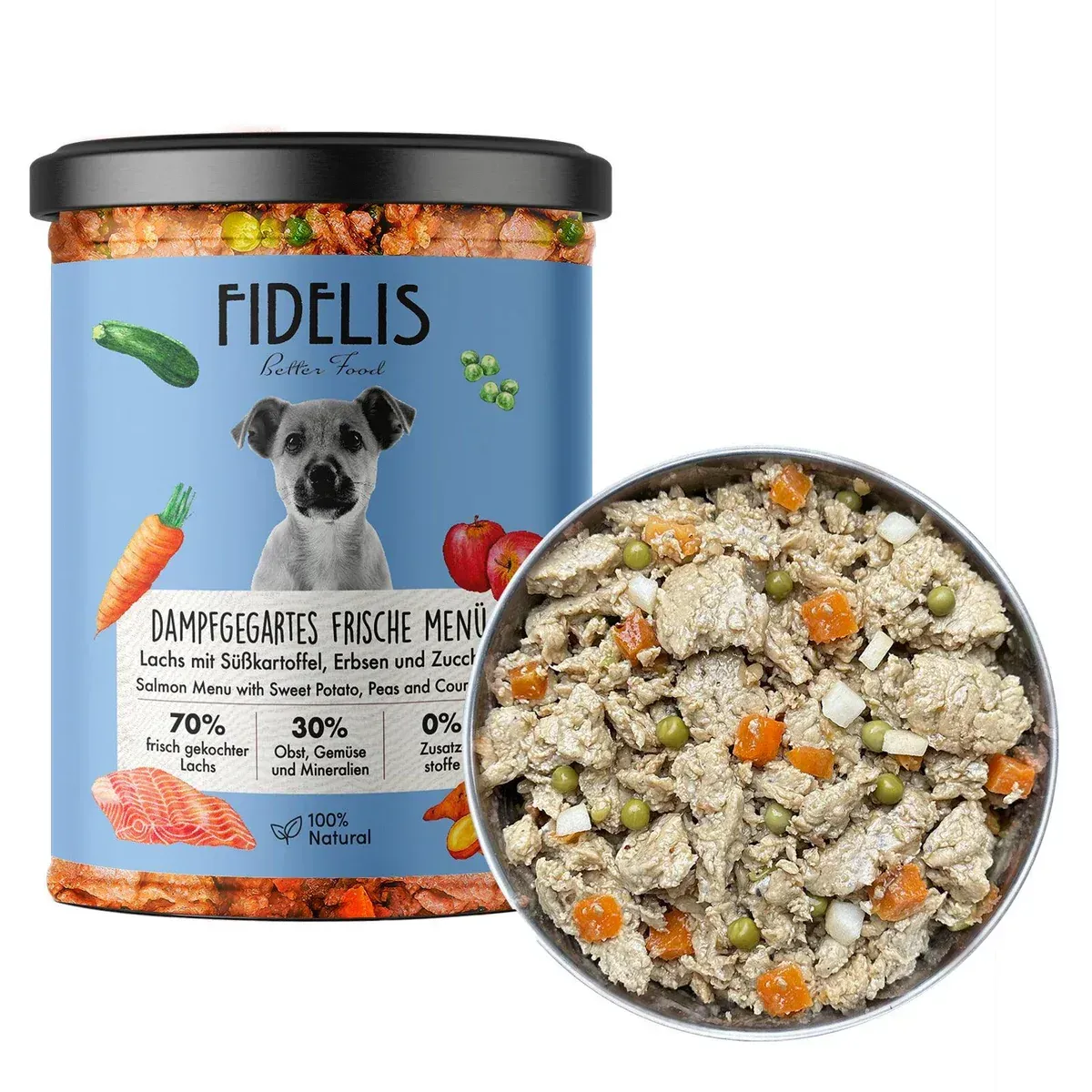 FIDELIS gekochtes Frische-Menü mit Lachs mit Süßkartoffeln, Erbsen und Zucchini (Glas) FIDELIS gekochtes Frische-Menü mit Lachs mit Süßkartoffeln, Erbsen und Zucchini (Glas)