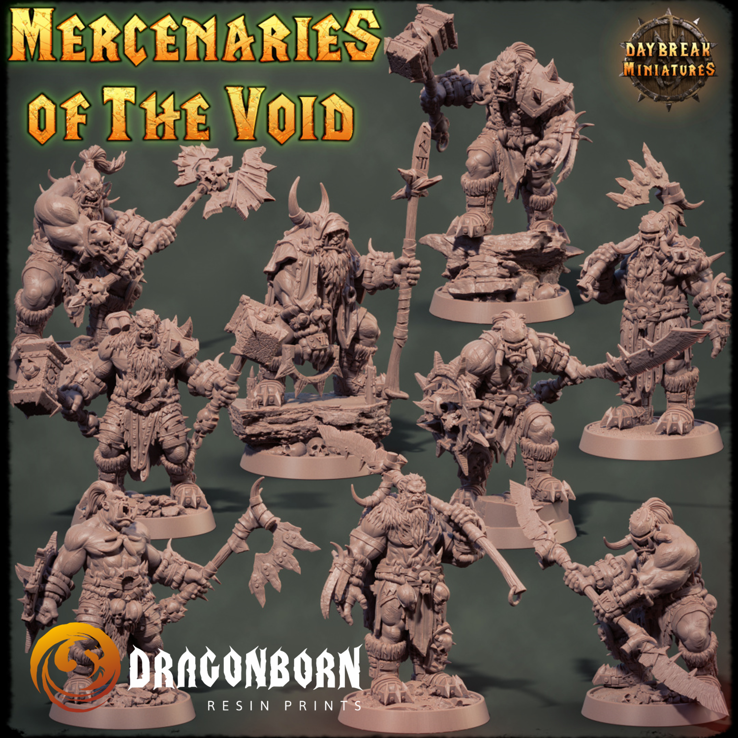 Nine Green Mercenaries of the Void Set - Orcs Ork DnD RPG Wargaming Miniatures
