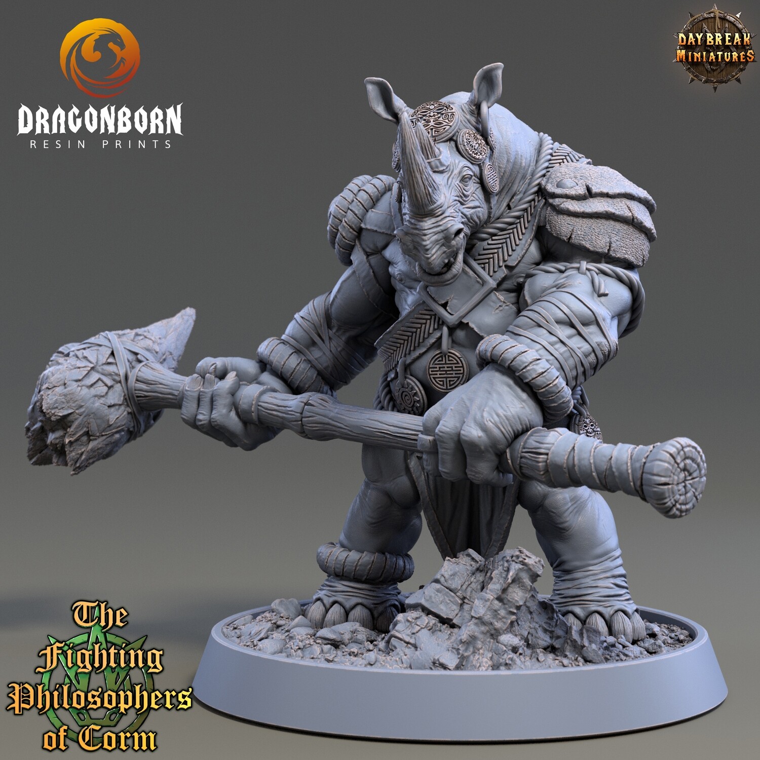 Plutarch Pointer - Rhinokin Rhino Folk Warrior DnD RPG Wargaming Miniatures