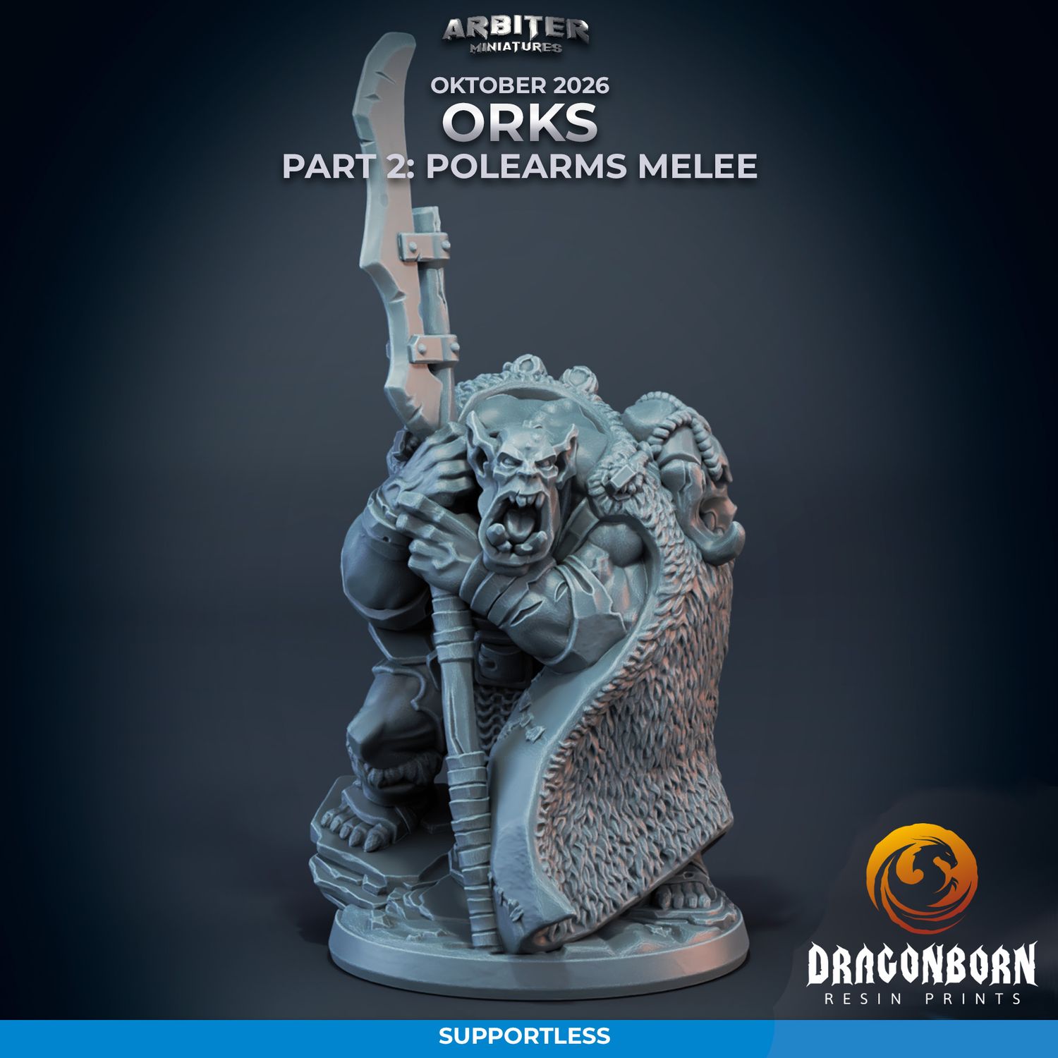 Ork Captain - Polearms Melee [26/10] - DnD RPG Wargaming Miniatures - supportless version