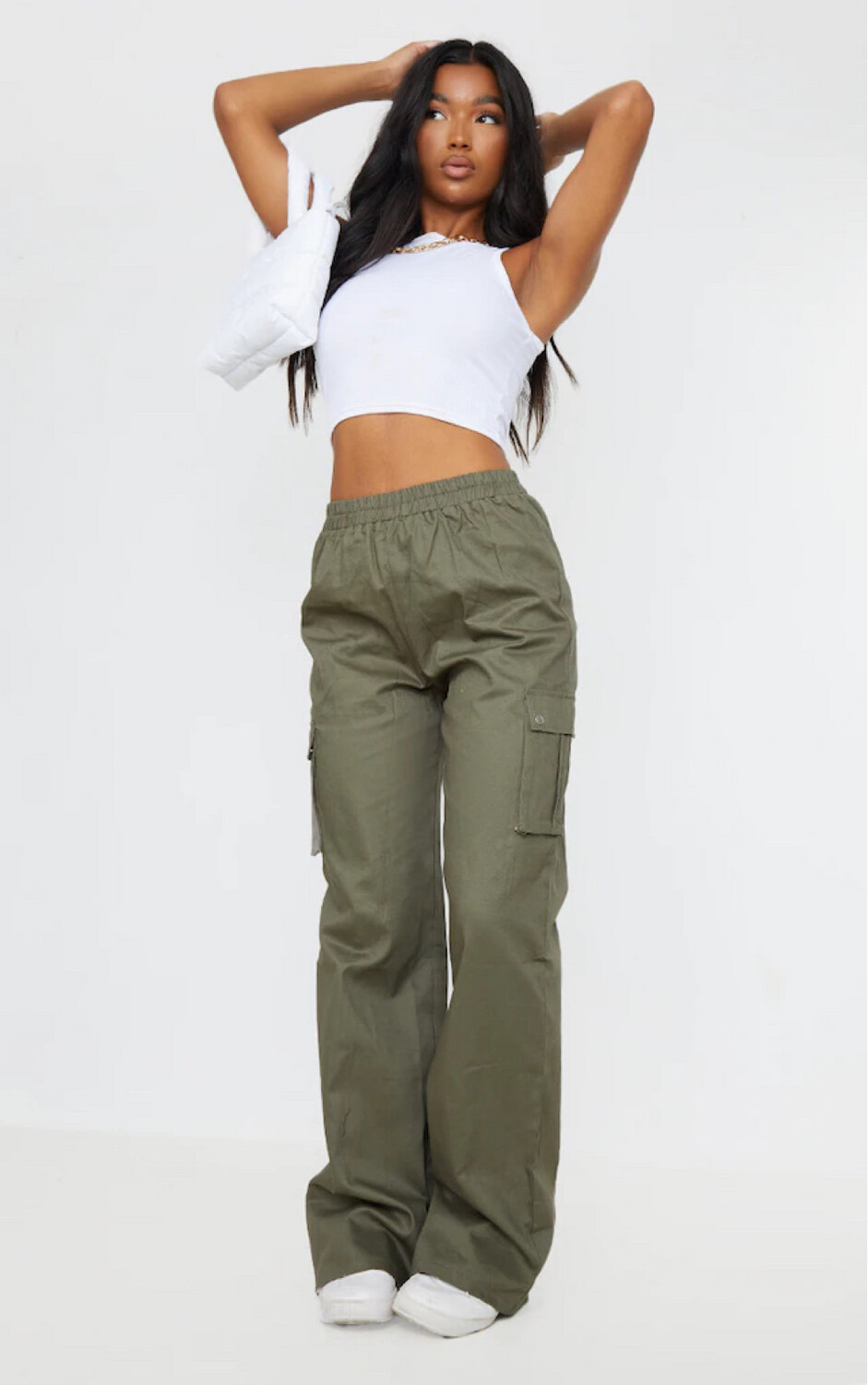 Khaki Wide High Waisted Cargo Trousers