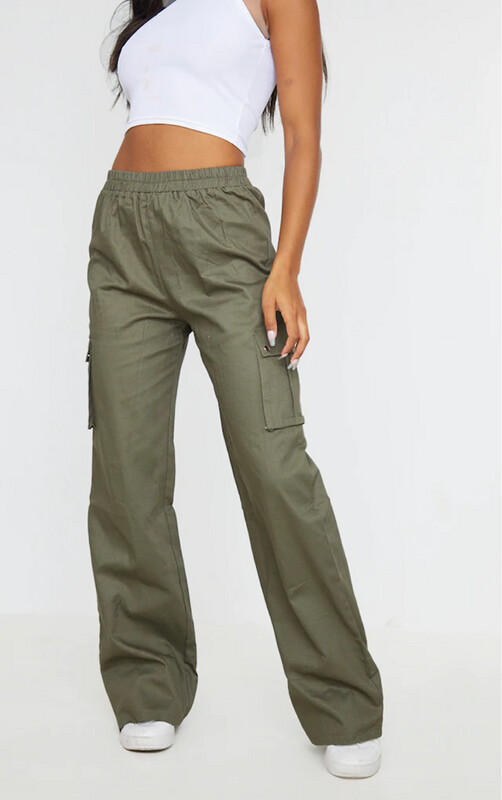 Khaki Wide High Waisted Cargo Trousers