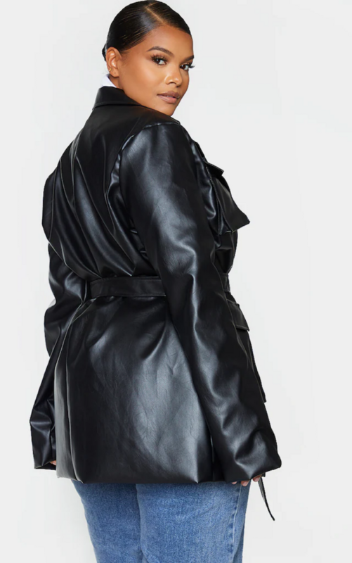Plus Black PU Longline Pocket Front Jacket