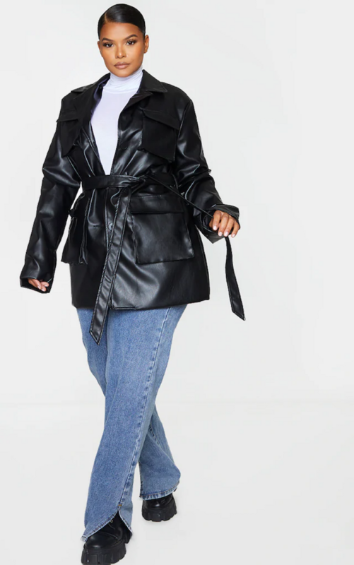 Plus Black PU Longline Pocket Front Jacket