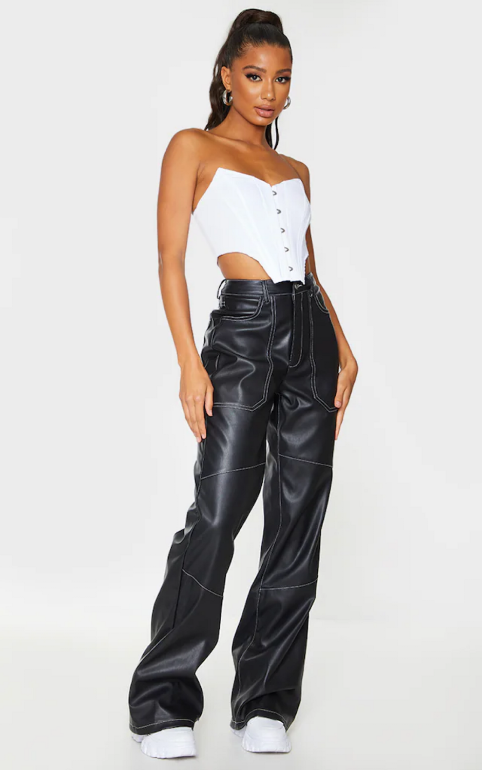 Black Faux Leather Seam Extreme Wide Leg Trousers