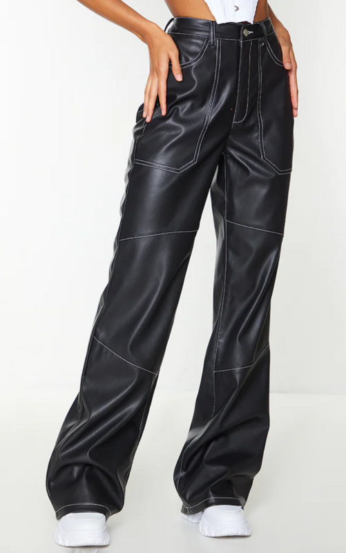 Black Faux Leather Seam Extreme Wide Leg Trousers
