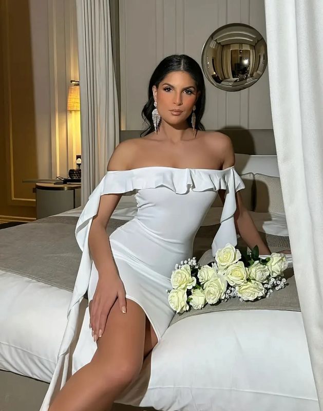White Ruffle Trim Off Shoulder Bodycon Sleeveless Dress