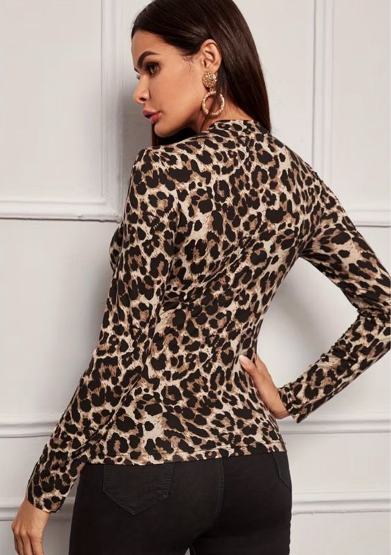 High Neck Cut-Out Fitted Leopard Print Long Sleeve