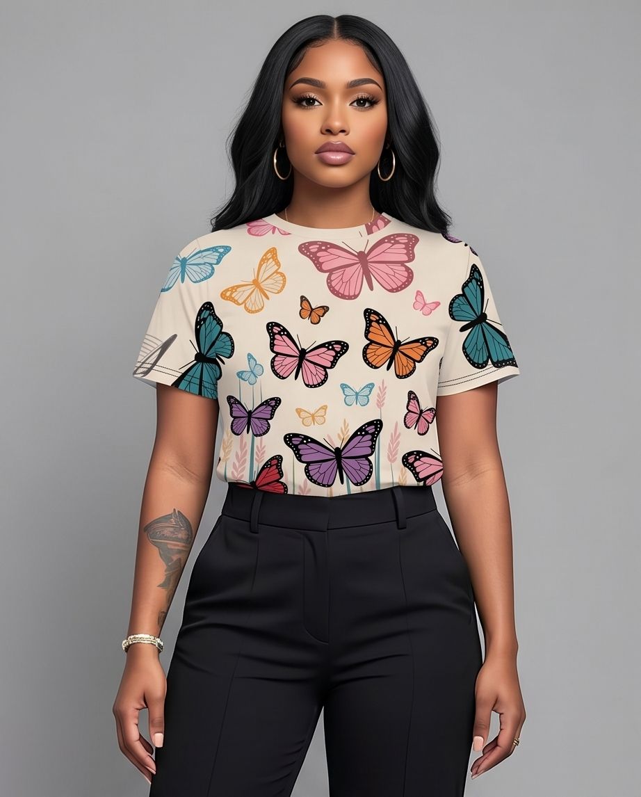 Vintage Botanical Butterflies Pattern Women's T-shirt