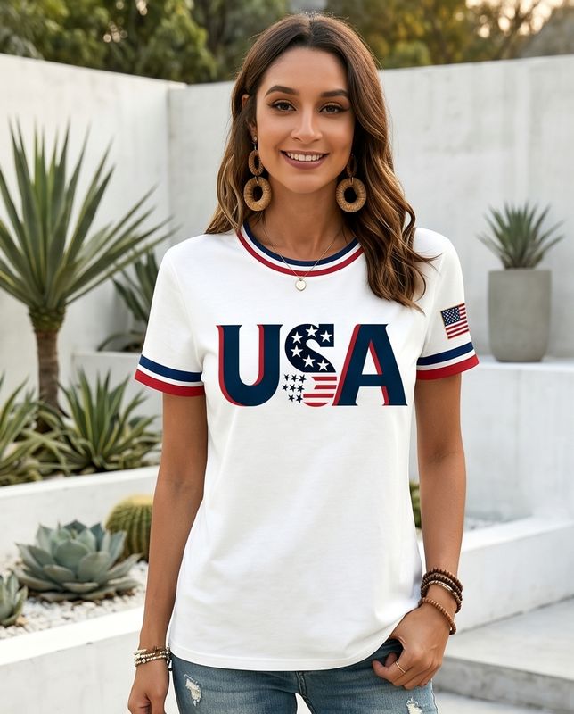 Women's Letter &amp; National  Flag Print Crew Neck Casual Short Sleeve T-Shirt,