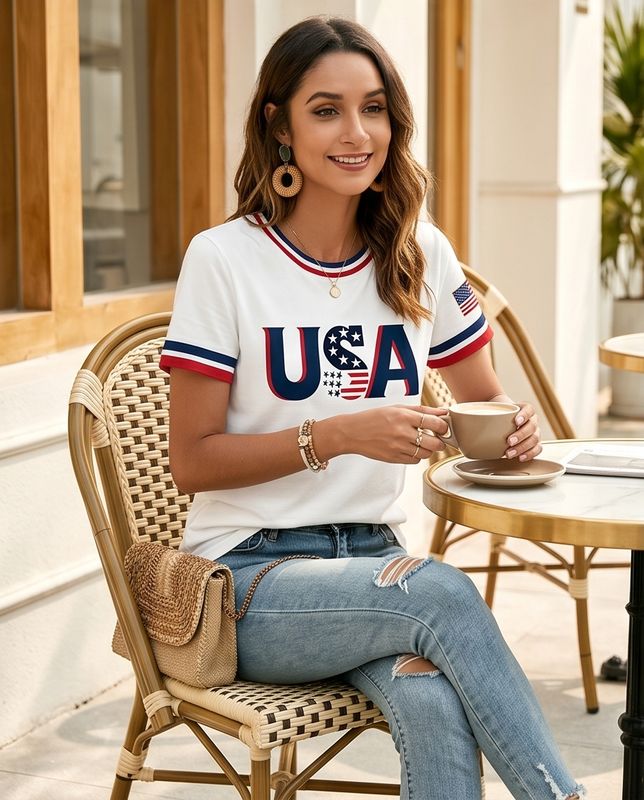 Women's Letter &amp; National  Flag Print Crew Neck Casual Short Sleeve T-Shirt,