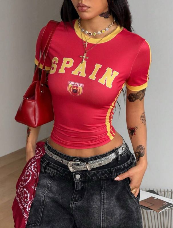 Spain Women's Streetwear Red And Yellow Graphic T-Shirt,
