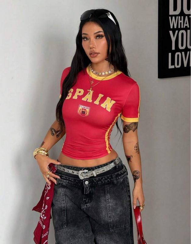 Spain Women's Streetwear Red And Yellow Graphic T-Shirt,