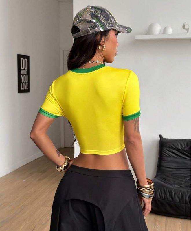 Women's Brazil Pattern V-Neck Slim Fit Crop Baby T-Shirt.