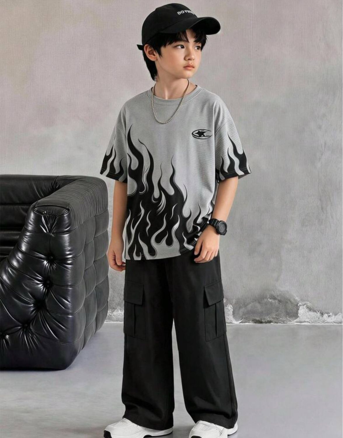 2pcs  Boy Cool Flame Pattern Logo Print Crew Neck Short Sleeve T-Shirt Wide Leg Cargo Pants Set,