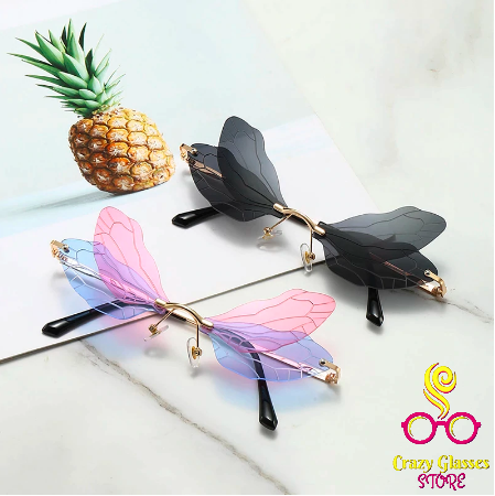 Fashion Rimless Dragonfly Wing Sunglasses Women Vintage Clear Ocean Lens Eyewear Men Pink Yellow Sun Glasses