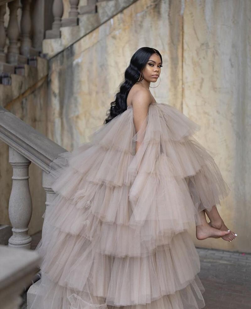 Penelope Hi-Low Puffy Tiered Tulle Tan Dress