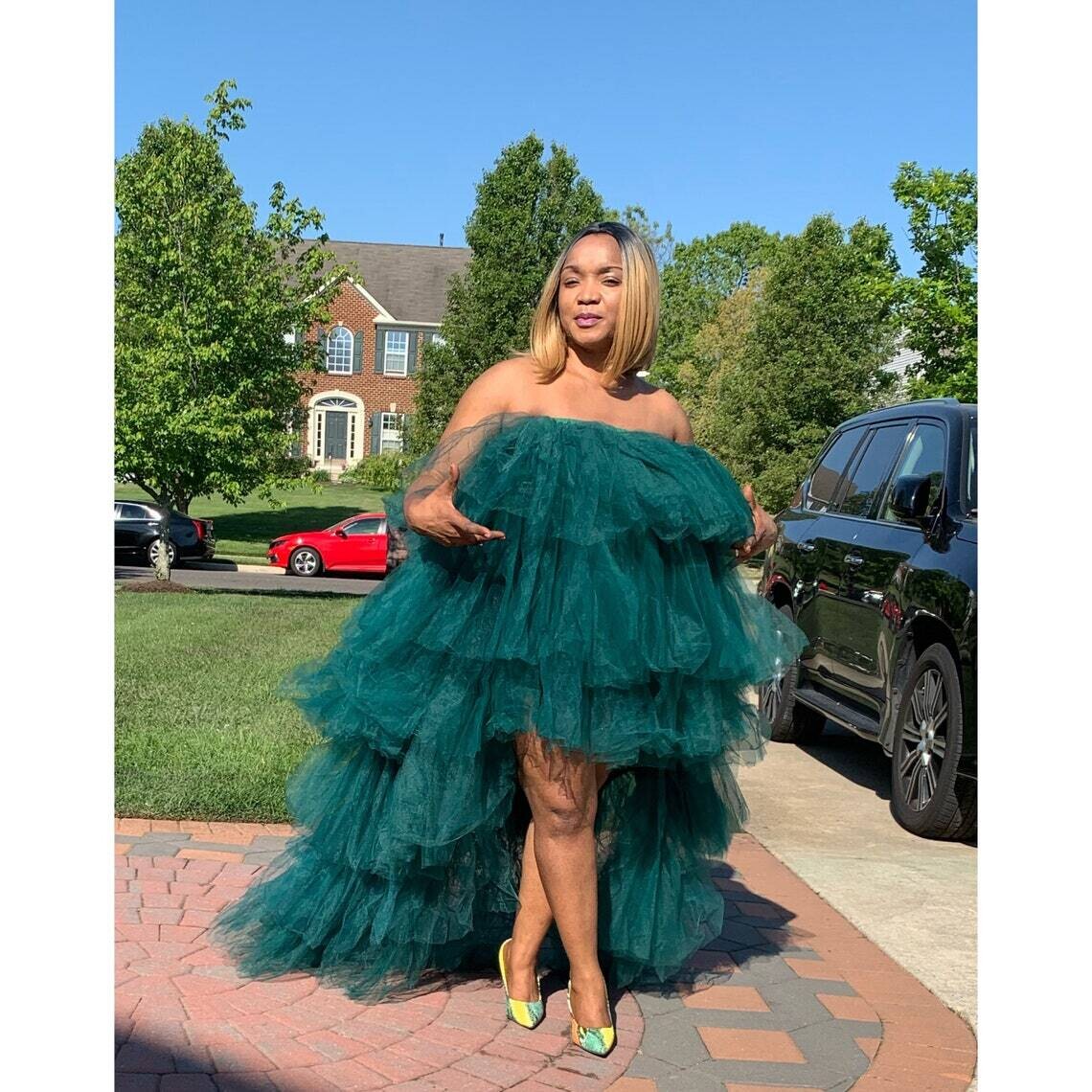 Penelope Hi-Low Puffy Tiered Tulle Emerald Green Dress