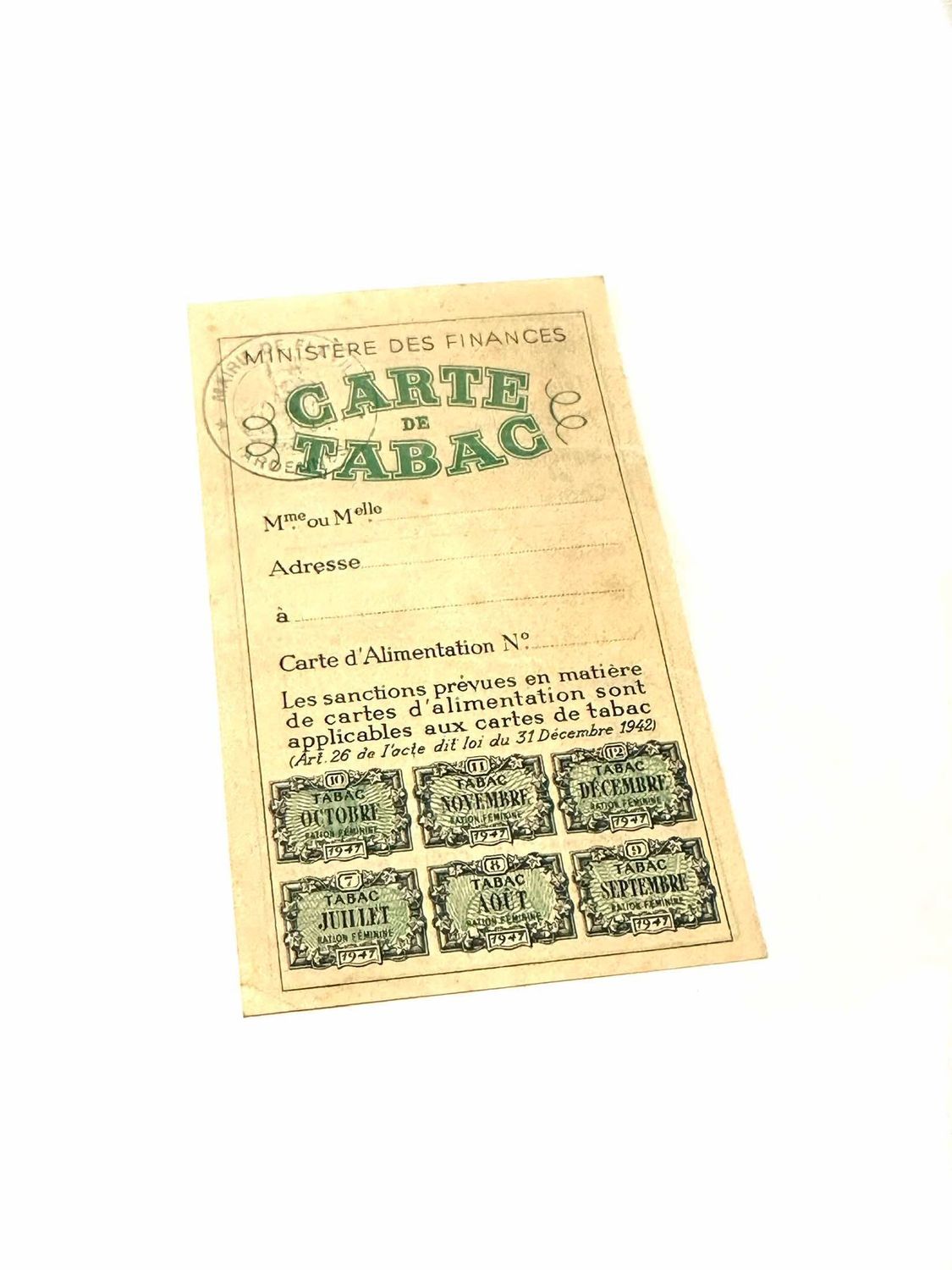 Carte d alimentation pour du tabac 1947