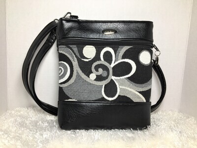 Triple Zip Handmade Abstract Black &amp; White Tapestry with Black Faux Leather Handbag