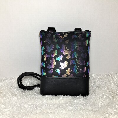 Cell Phone Handmade Bag with Butterflies and Black Faux Leather