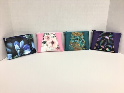 Designer Bags or Pouches in Blue &amp; Pink Floral, Turquoise, &amp; Purple Feathers