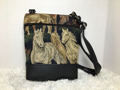 Triple Zip Limited Edition Handmade Horse Tapestry Front &amp; Back with Black Faux Leather Handbag