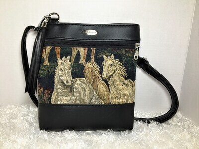 Triple Zip Limited Edition Handmade Horse Tapestry with Tassel and Faux Leather Handbag