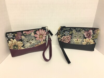 Handmade Burgundy and Black Cat Tapestry Wristlets or Makeup Bags