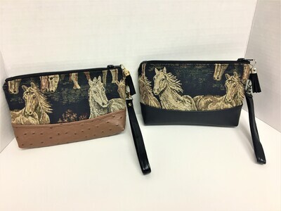 Handmade Brown and Black Faux Leather Horse Tapestry Wristlets or Makeup Bags