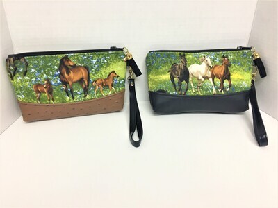 Handmade Horse with Brown and Black Faux Leather Wristlets or Makeup Bags