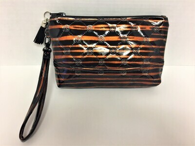 Black and Orange Faux Leather Handmade Wristlet or Makeup Bag