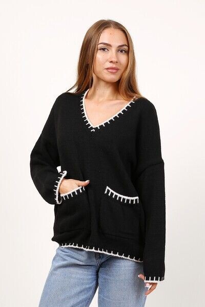 Pull colle en V et poches, Couleurs: Noir