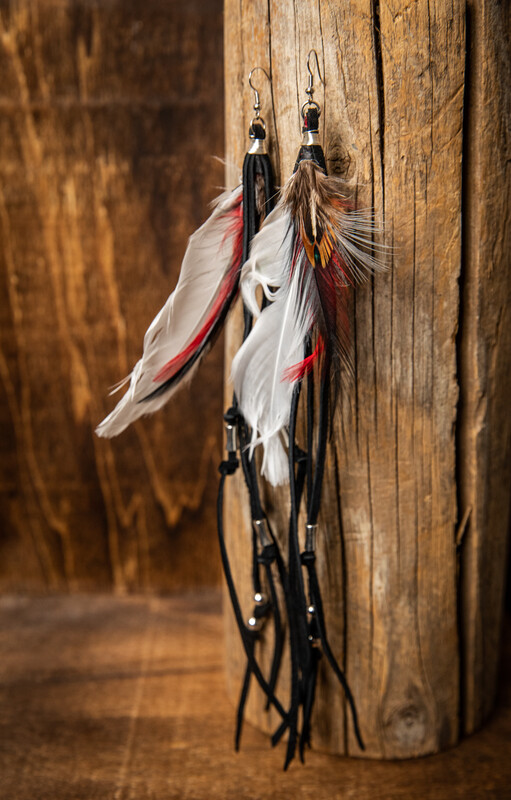 Black Leather Tassel Feather Earrings