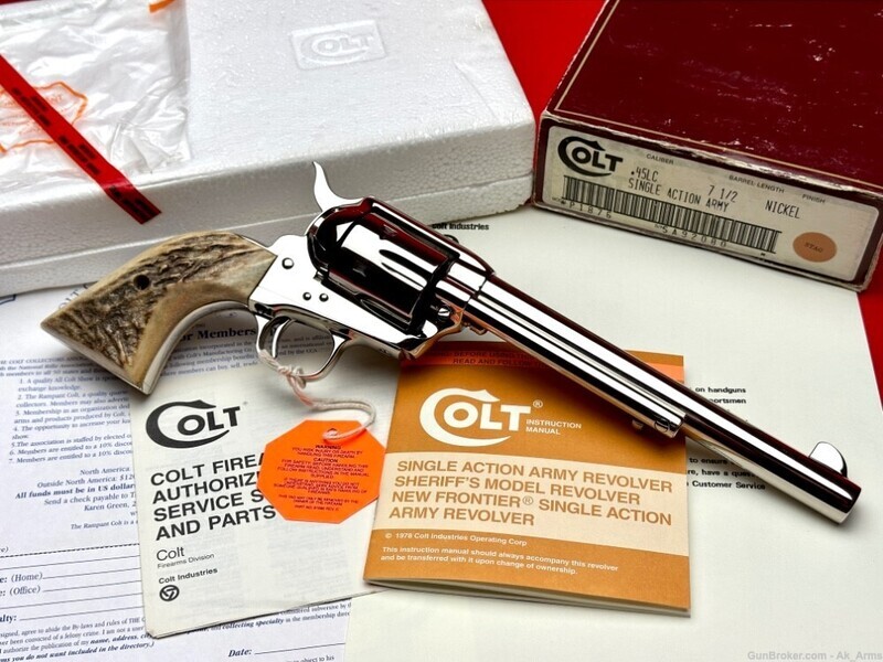 NEW, UNFIRED, 1989 Colt SAA Factory Nickel 7.5&quot; .45 Colt *FACTORY STAG GRIPS*