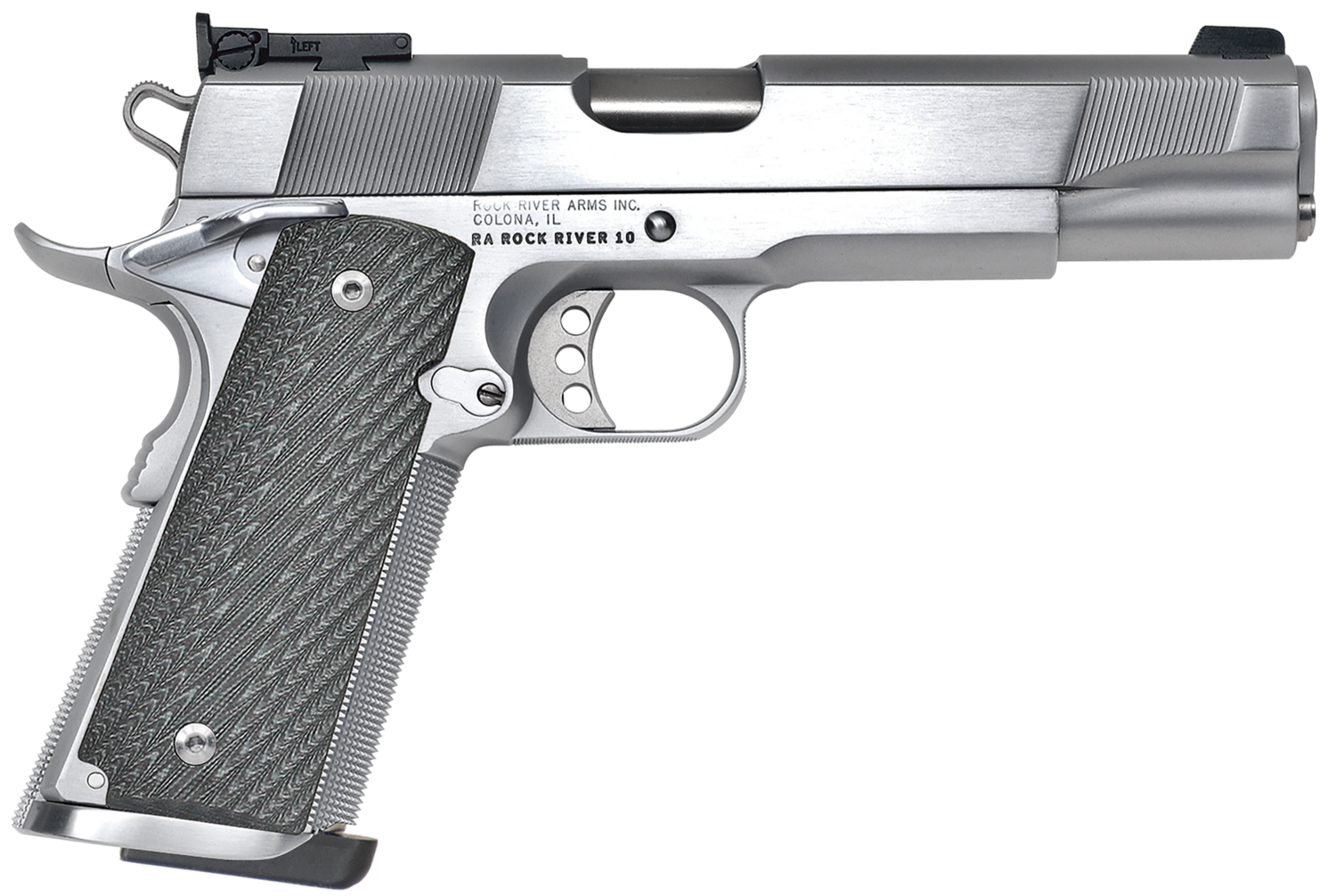 Rock River Arms PS2400 PS2400 Limited Match 45 ACP 7+1, 5" Stainless National Match Barrel, Brushed Chrome Serrated Steel Slide & Frame w/Beavertail, Black G10 Grip, Ambidextrous