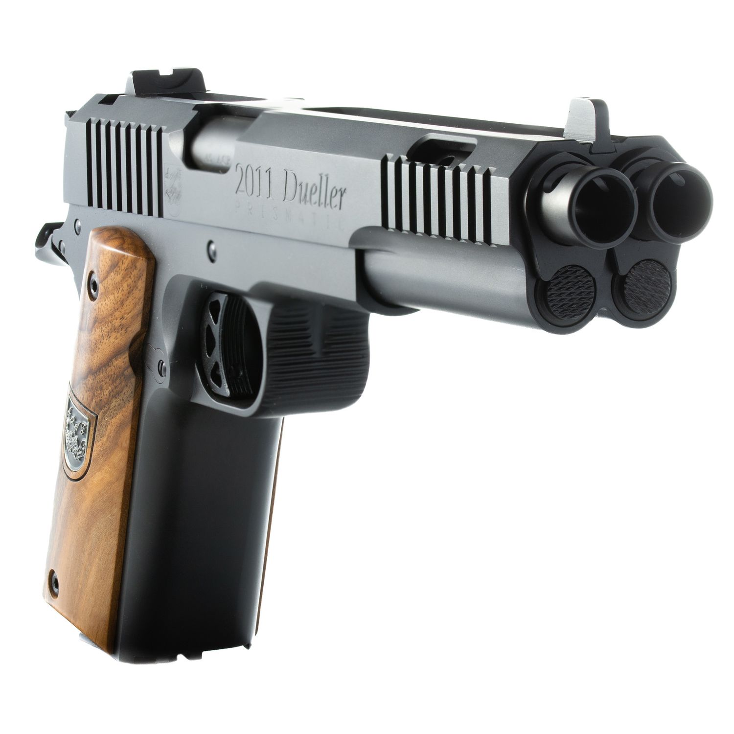 American Precision Firearms, Prismatic, Dueller, 1911, Semi-automatic, Single Action, Double Barrel, Steel Framed Pistol, 45ACP, 5&quot; Barrels, Matte Finish, Black, Wood Grips, 7+7 Rounds, 2 Magazines