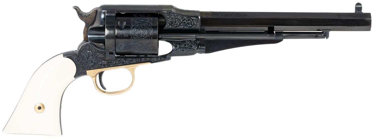Taylors &amp; Company 550761 Remington Conversion LawDawg 45 Colt (LC) Caliber with 8&quot; Barrel, 6rd Capacity Cylinder, Overall Blued Engraved Finish Steel &amp; 2-Piece Ivory Grip