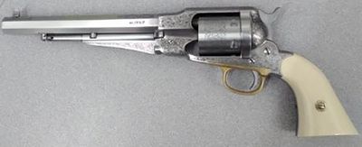 Taylors & Company 550763 1858 Remington Conversion 45 Colt (LC) Caliber with 8" Barrel, 6rd Capacity Cylinder, Overall Nickel-Plated Engraved Finish Steel & 2-Piece Ivory Grip Taylors & Company 550763 1858 Remington Conversion 45 Colt (LC) Caliber with 8" Barrel, 6rd Capacity Cylinder, Overall Nickel-Plated Engraved Finish Steel & 2-Piece Ivory Grip