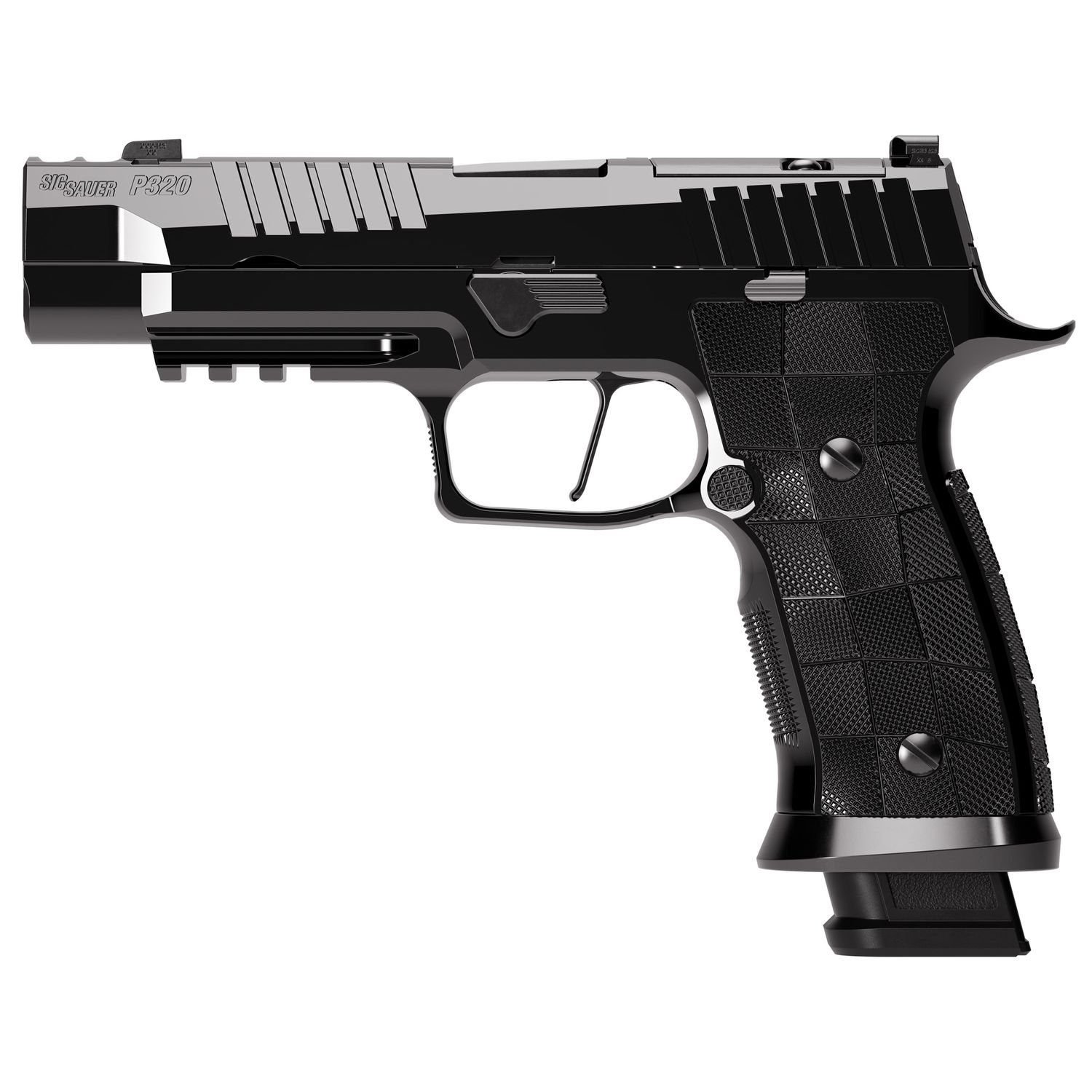 Sig Sauer, P320 Reserve, Semi-automatic, Striker Fired, Metal Frame Pistol, Full Size, 9MM, 3.9" Barrel, Integrated Compensator, High Polish DLC Finish, Black, SXG Grip, X Ray 3 Night Sights.