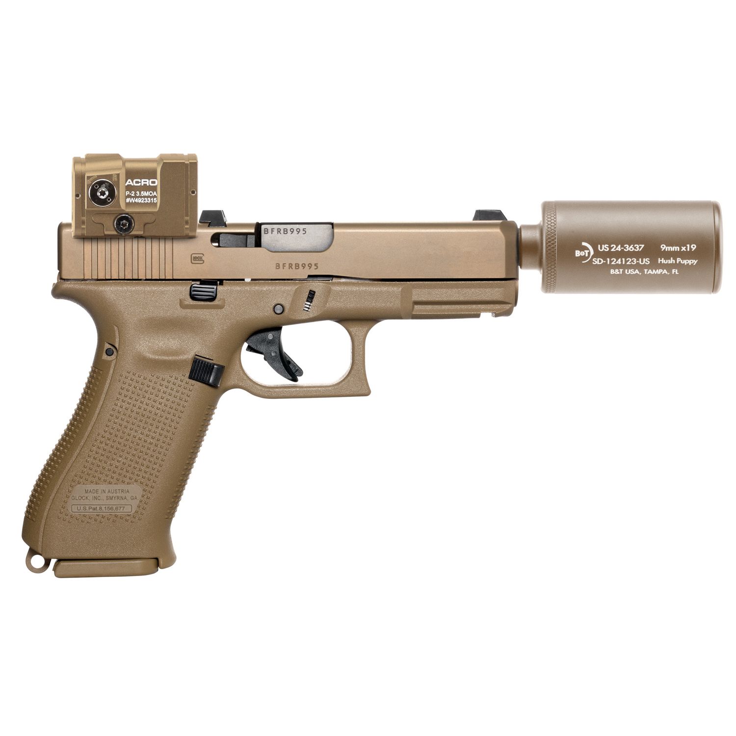 B&amp;T USA, Hush Puppy Kit With 19X Pistol, Striker Fired, Semi-automatic, Polymer Frame Pistol, Compact, 9MM, 4" Barrel, Threaded 13.5X1 LH, Matte Finish, Coyote, Adjustable Sights, Aimpoint Acro P-2 Re