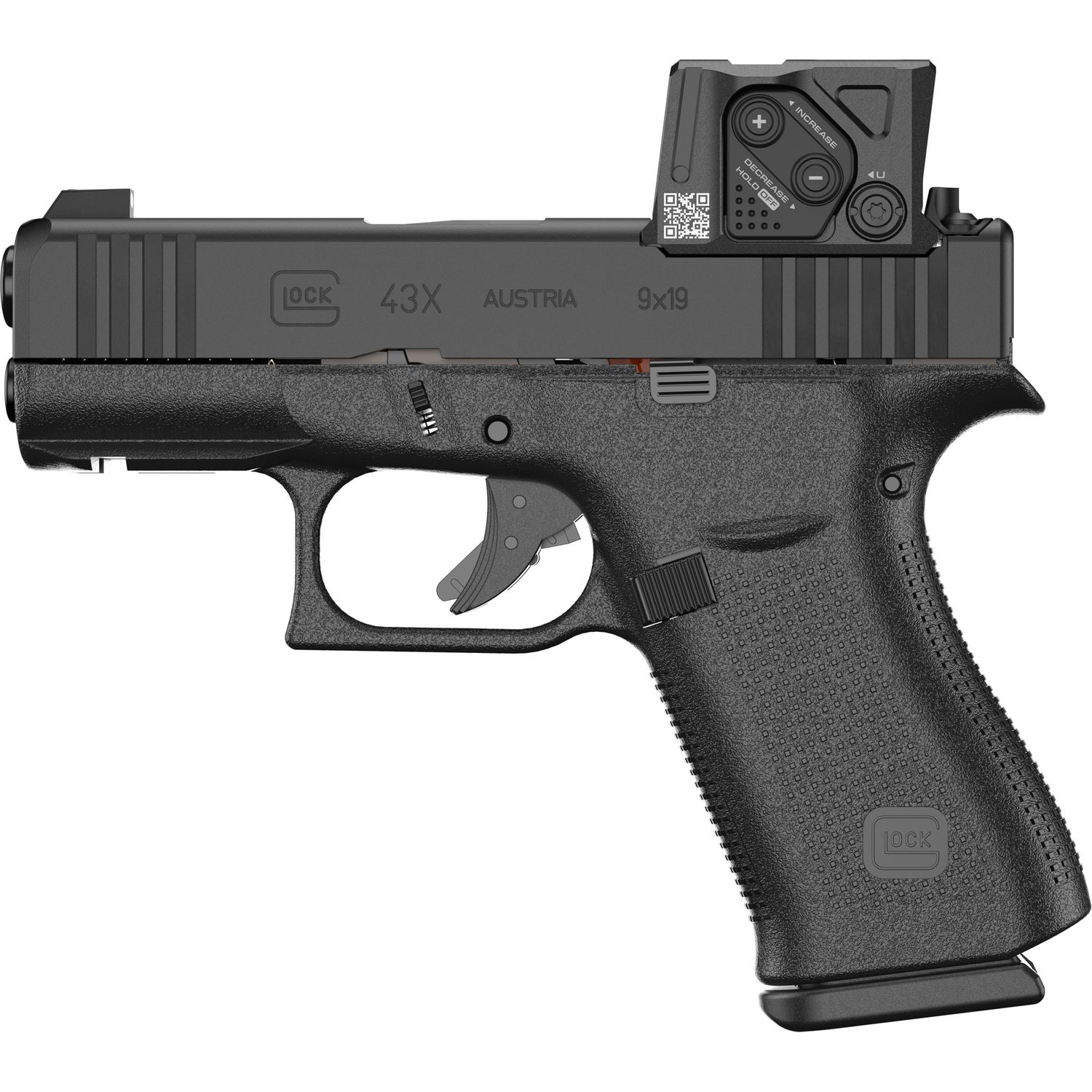 GLOCK, 43X M.O.S., Striker Fired, Semi-automatic, Polymer Frame Pistol, Sub-Compact, 9MM, 3.41" Barrel, GLOCK Marksman Barrel, nDLC Finish, Black, No Finger Grooves, Fixed Sights, 15 Rounds, 2 Magazin