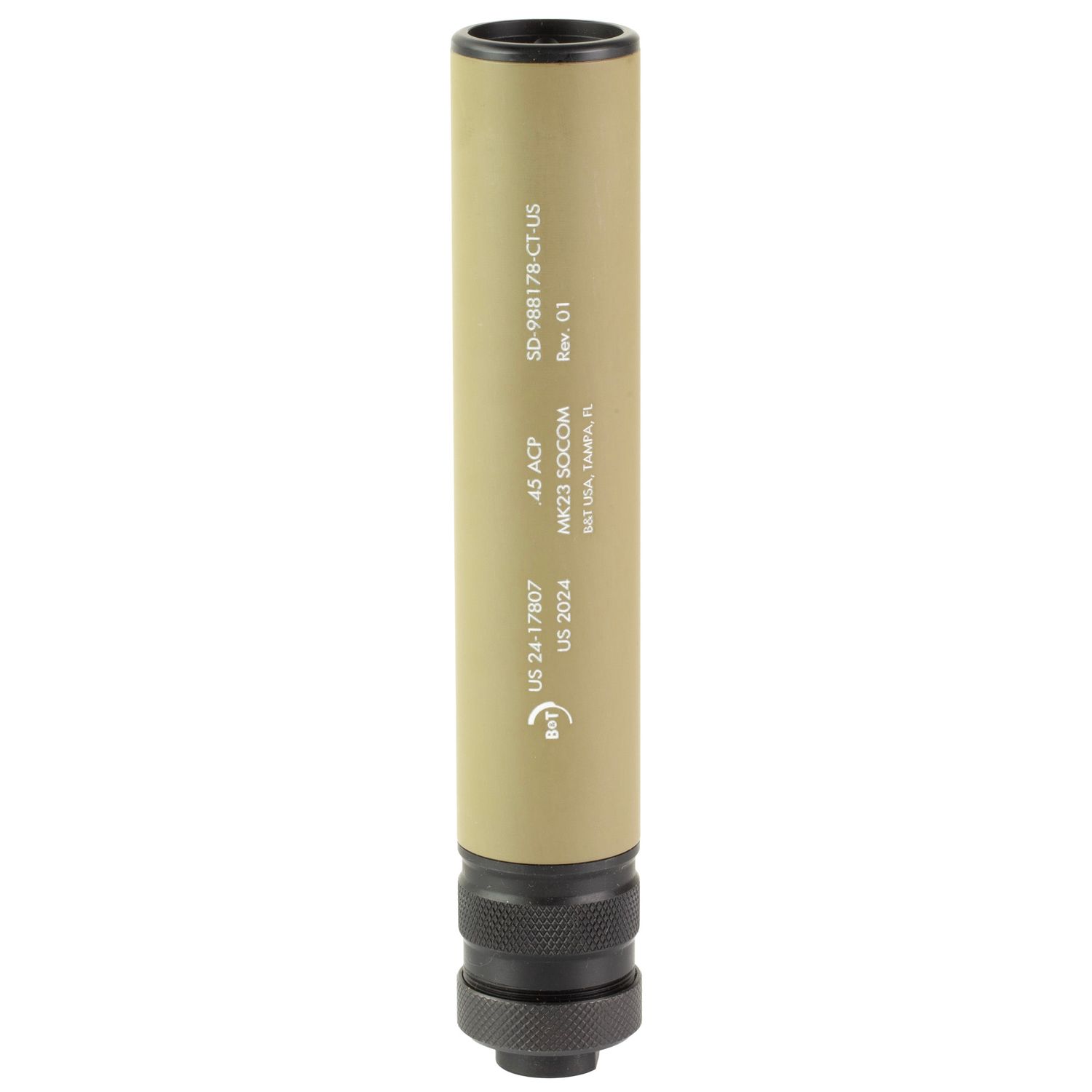 B&amp;T USA, MK23 SOCOM, Suppressor, .45 ACP, 8.78" Length, 1.37" Diameter, Steel and Aluminum Construction, Cerakote Finish, Coyote, M16X1 RH Direct Thread, Includes MK23 Specific Booster, 12.6oz Weight