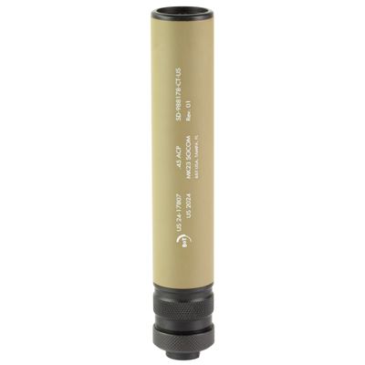 B&amp;T USA, MK23 SOCOM, Suppressor, .45 ACP, 8.78" Length, 1.37" Diameter, Steel and Aluminum Construction, Cerakote Finish, Coyote, M16X1 RH Direct Thread, Includes MK23 Specific Booster, 12.6oz Weight