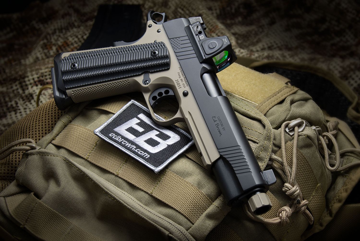 Ed Brown SFSOCOM SOCOM Gen4 45 ACP 8+1 5" Black Nitride Threaded Barrel, Black Gen4 Serrated w/Optic Slide, Flat Dark Earth Steel Frame w/Accessory Rail, VZ Alien Grip, Trijicon RMR 3.25 MOA Red Dot.