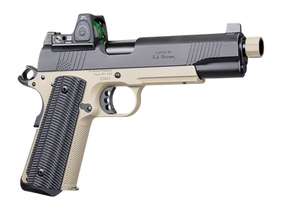 Ed Brown SFSOCOM SOCOM Gen4 45 ACP 8+1 5" Black Nitride Threaded Barrel, Black Gen4 Serrated w/Optic Slide, Flat Dark Earth Steel Frame w/Accessory Rail, VZ Alien Grip, Trijicon RMR 3.25 MOA Red Dot.