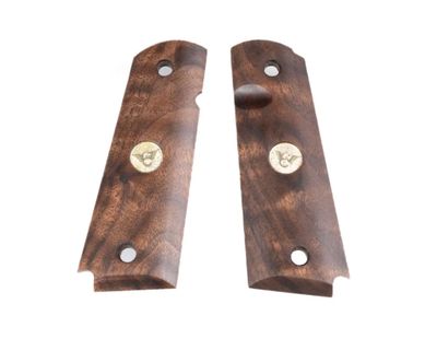 WILSON COMBAT, 1911, FULL-SIZE, SMOOTH, BURL WOOD, BEVELED BOTTOM, GOLD MEDALLION