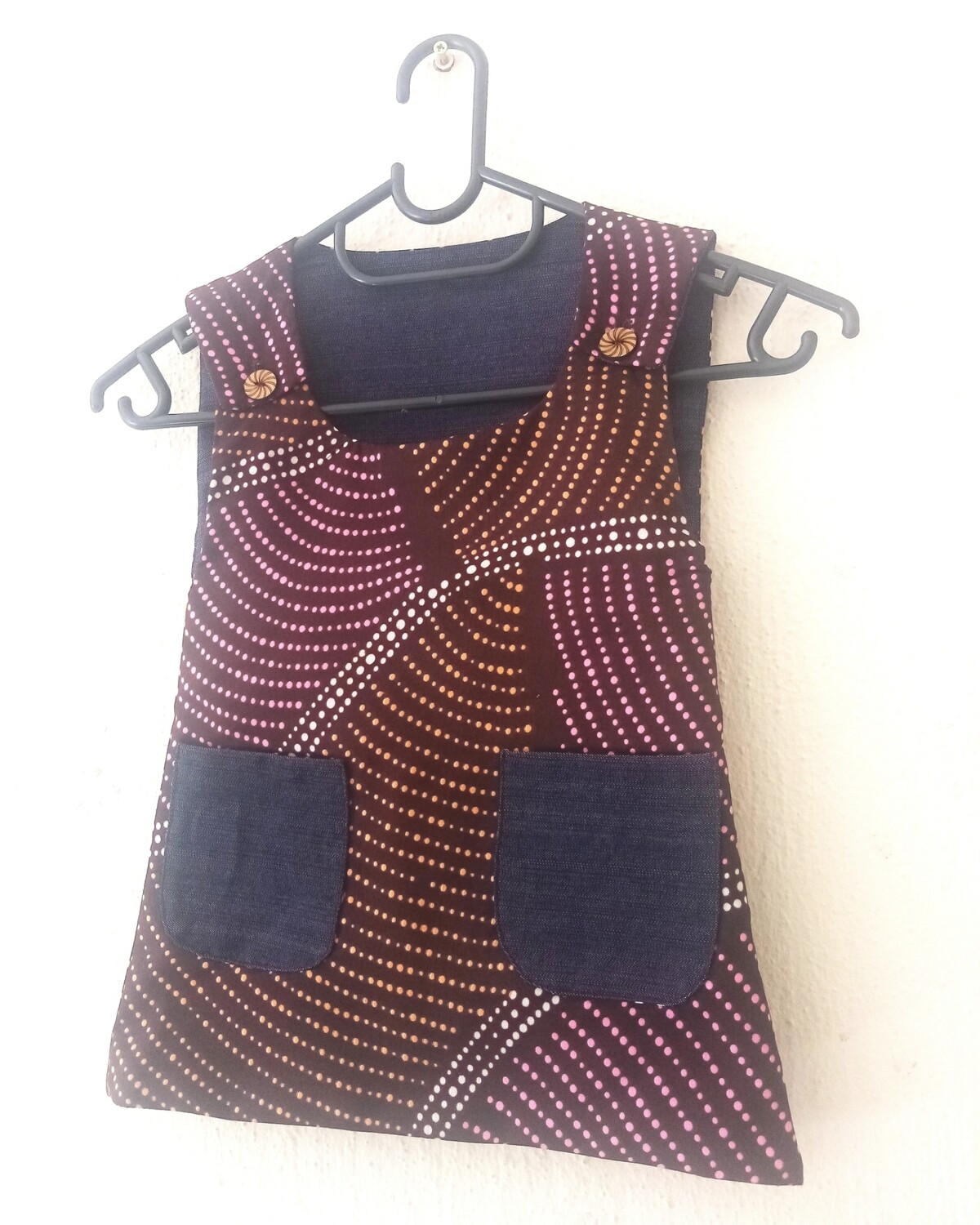 Girls Denim and African Ankara Fabric Pinafore - Brown 