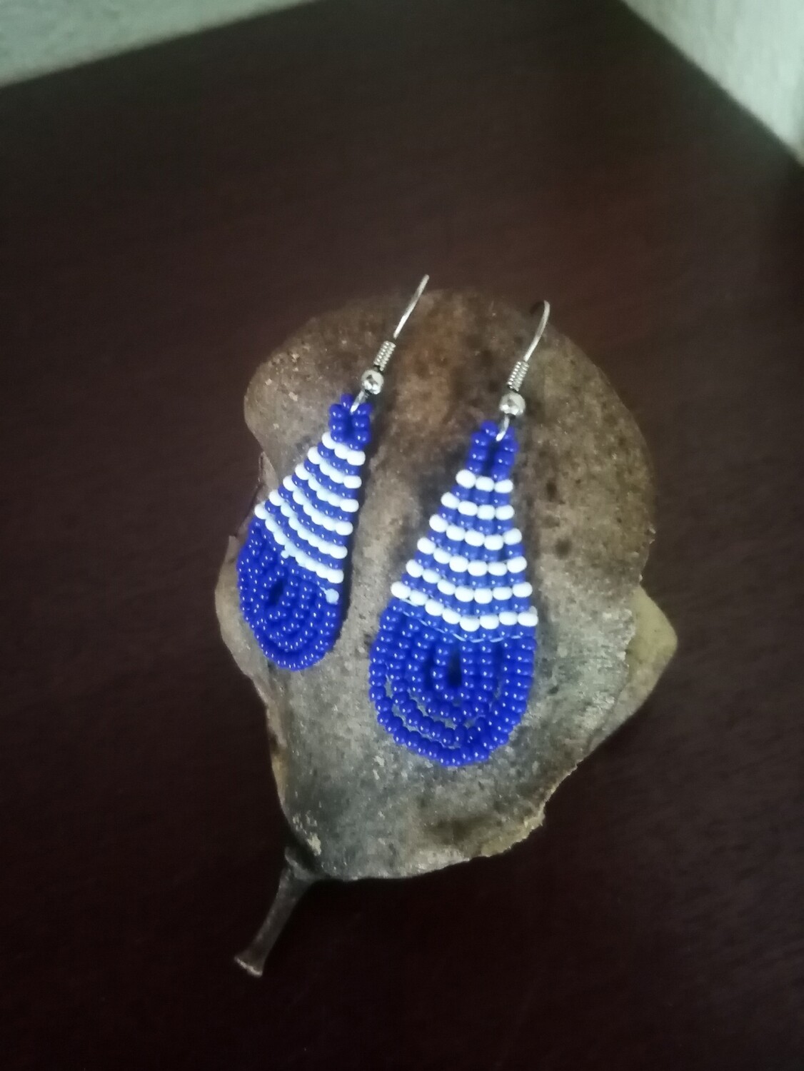 Beaded Teardrop Small Earrings - Blue and White