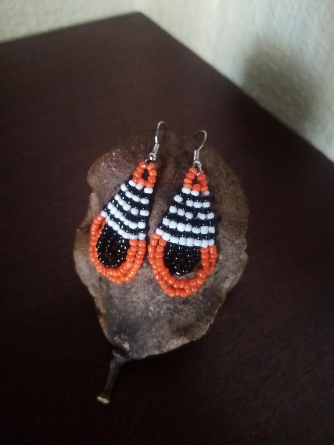 Beaded Teardrop Small Earrings - Orange, Black and White